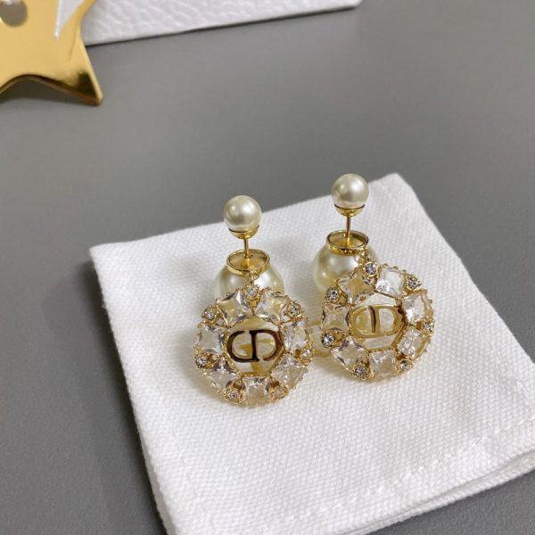 Dior Square Diamond Circle Double Bead Stud Earrings