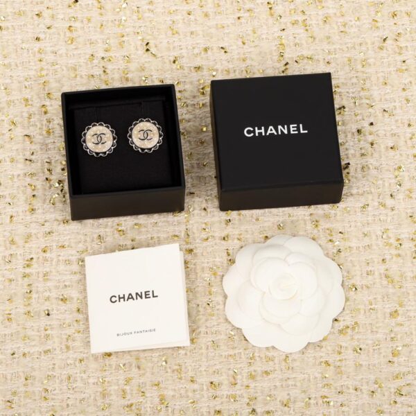 Chanel black lace white round double c pearl stud earrings