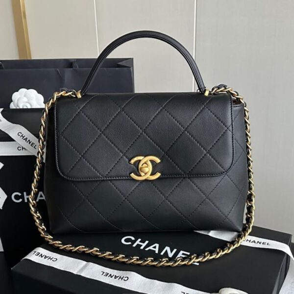 Chanel 25s briefcase black gold large size genuine leather France HAAS original calfskin ZP grade pure copper embryo old vintage gold (YE0PR)