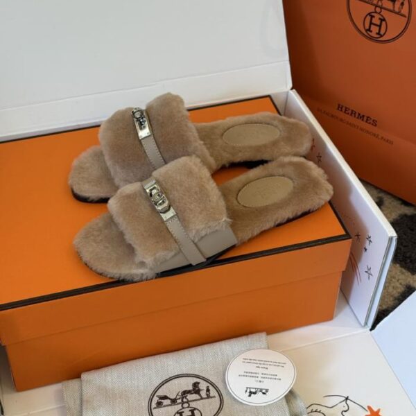 Top version Hermes Kelly fur slippers leather and fur stitching sheepskin (5ZD2E)