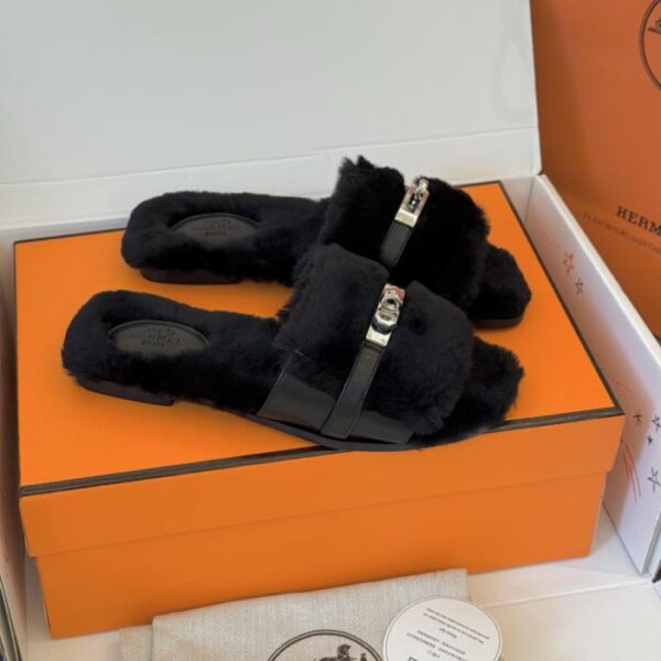 Top version Hermes Kelly fur slippers leather and fur stitching sheepskin (VU7YX)