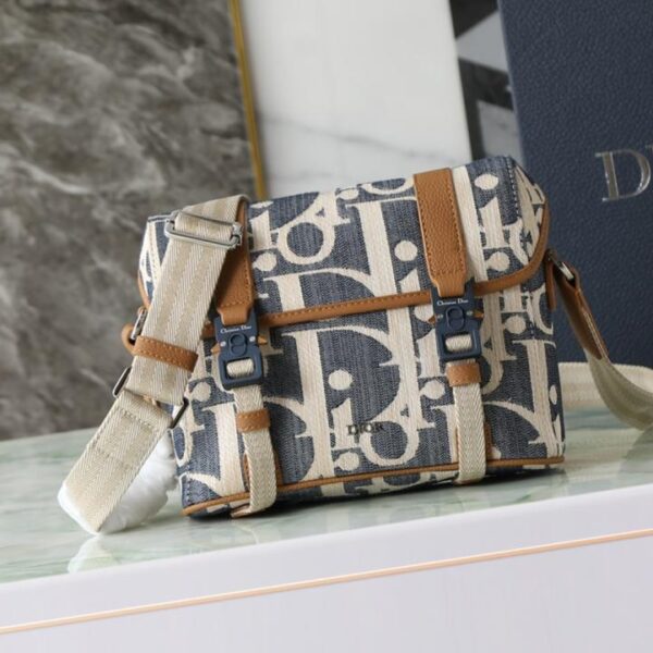 Dior Flap Messenger Bag in Blue Raffia Effect Oblique Print Denim (7XT2J)