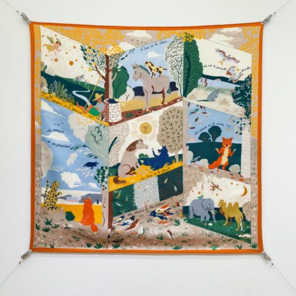 SHMS256818 Momme Double-sided 90x90cm Twill Silk Hermès Aesop's Fables Picture Book (C77CJ5)