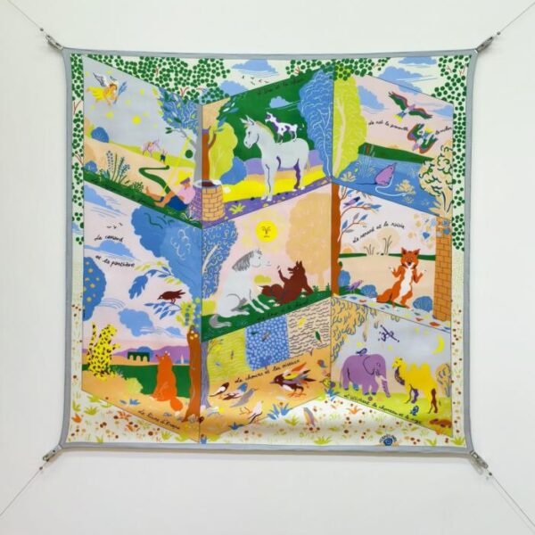 SHMS256818 Momme Double-sided 90x90cm Twill Silk Hermès Aesop's Fables Picture Book (C7UVW5)